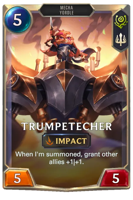 Trumpetecher. When I'm summoned, grant other allies +1|+1.