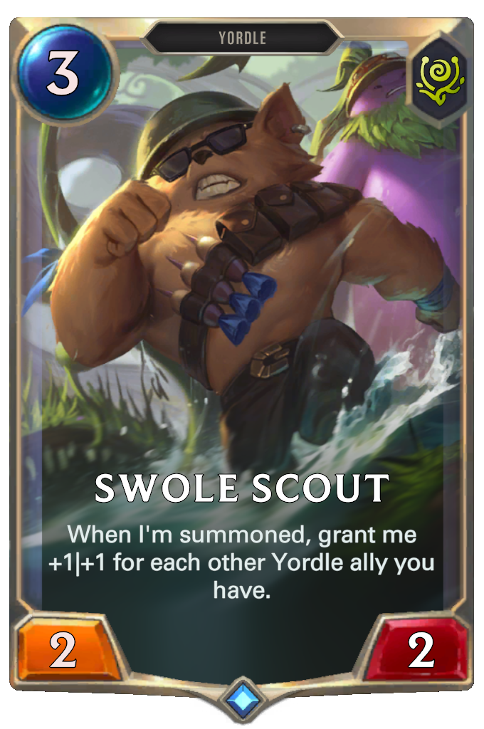 Swole Scout. When I'm summoned, grant me +1|+1 for each other Yordle ally you have.