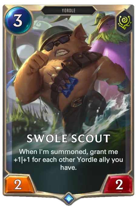 Swole Scout. When I'm summoned, grant me +1|+1 for each other Yordle ally you have.
