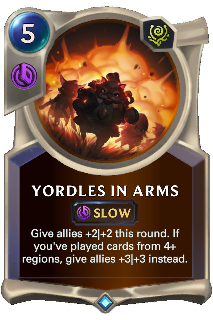 Yordles in Arms . Give allies +2|+2 this round. If you've played cards from 4+ regions, give allies +3|+3 instead.