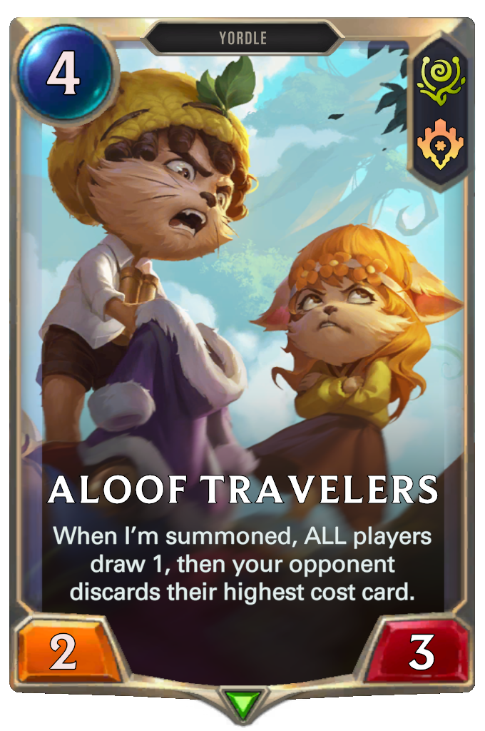Aloof Travelers. When I’m summoned, ALL players draw 1, then your opponent discards their highest cost card.