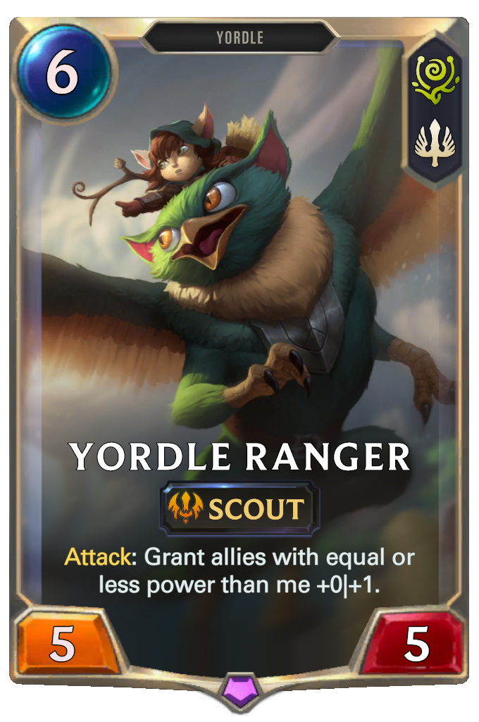 Yordle Ranger. Attack: Grant allies with equal or less power than me +0|+1.