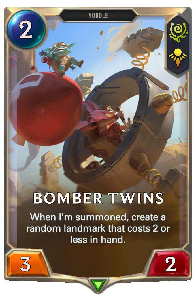 Bomber Twins. When I'm summoned, create a random landmark that costs 2 or less in hand.