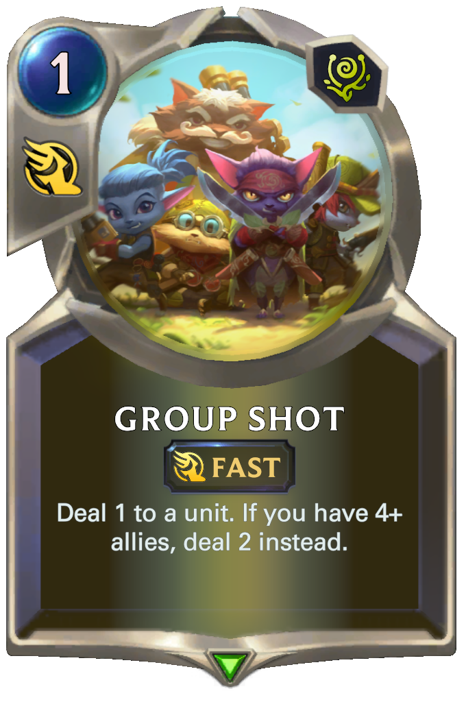 Group Shot. Deal 1 to a unit. If you have 4+ allies, deal 2 instead.