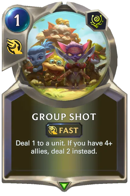 Group Shot. Deal 1 to a unit. If you have 4+ allies, deal 2 instead.