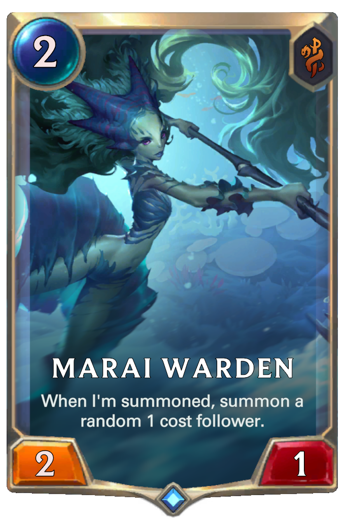Marai Warden. When I'm summoned, summon a random 1 cost follower.