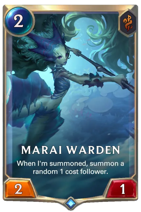 Marai Warden. When I'm summoned, summon a random 1 cost follower.