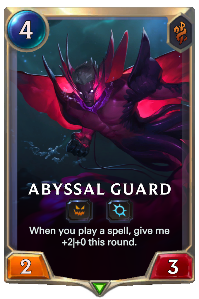 Abyssal Guard. When you play a spell, give me +2|+0 this round.