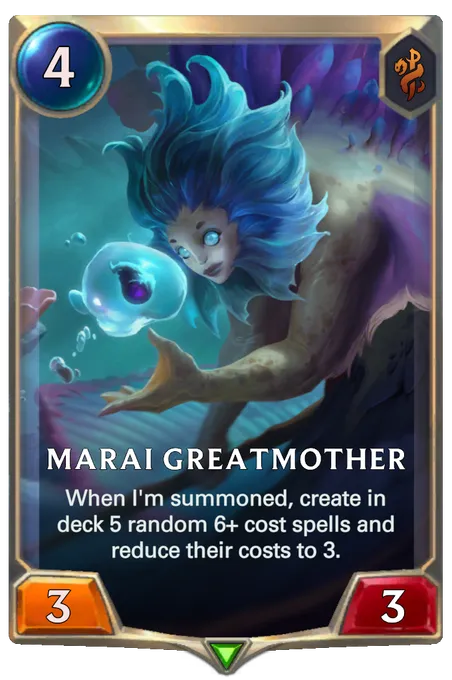 Marai Greatmother. When I'm summoned, create in deck 5 random 6+ cost spells and reduce their costs to 3.