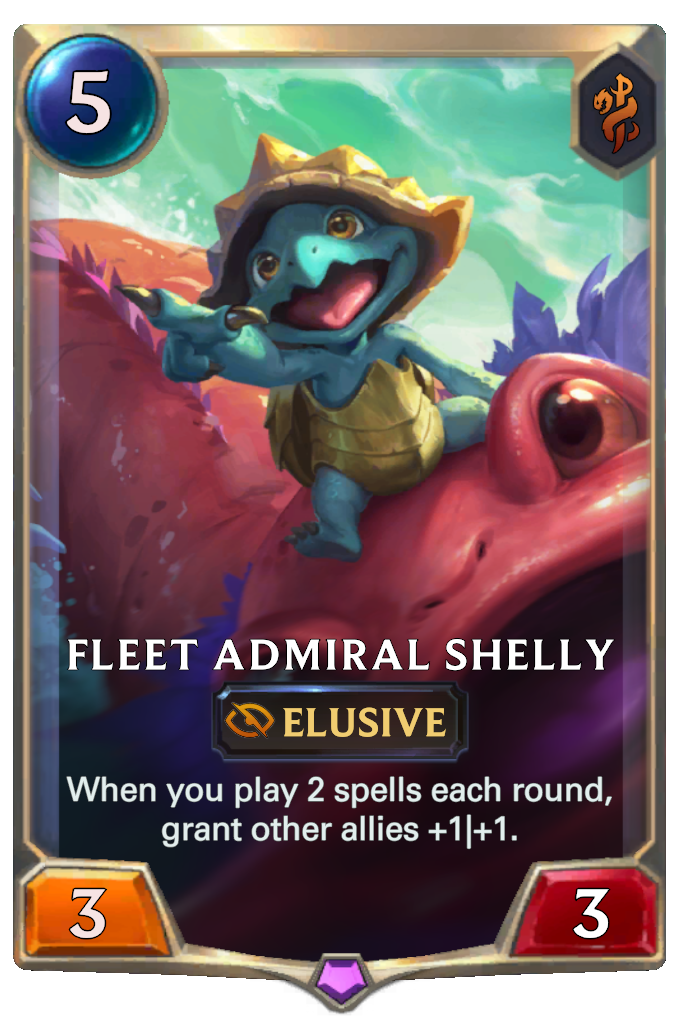 Fleet Admiral Shelly. When you play 2 spells each round, grant other allies +1|+1.