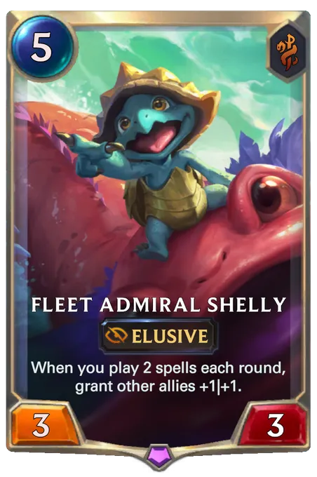 Fleet Admiral Shelly. When you play 2 spells each round, grant other allies +1|+1.