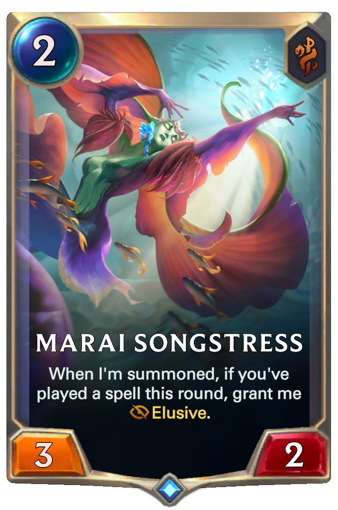 Marai Songstress. When I'm summoned, if you've played a spell this round, grant me Elusive.