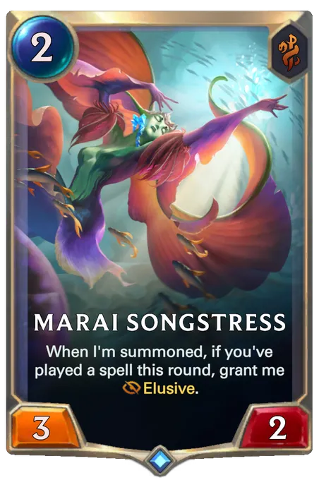 Marai Songstress. When I'm summoned, if you've played a spell this round, grant me Elusive.