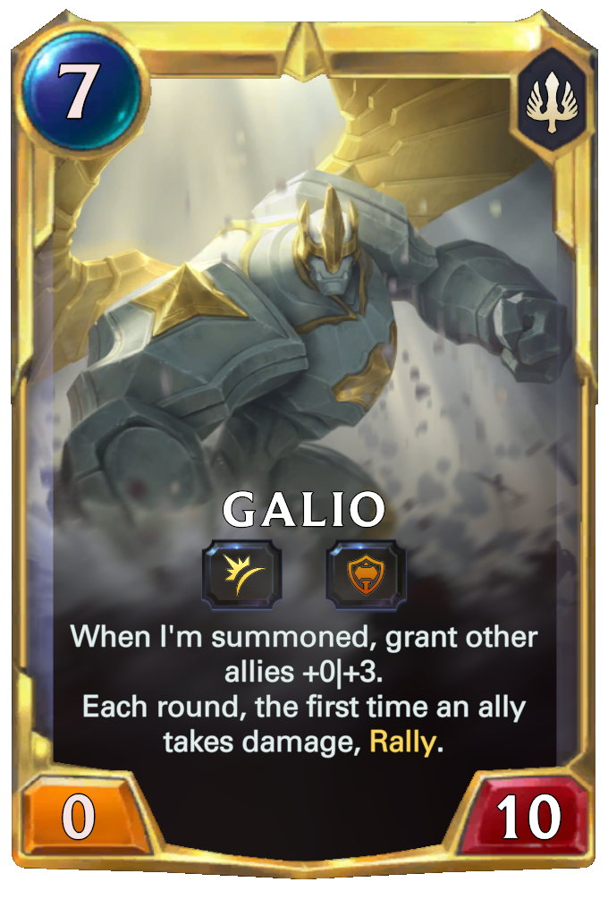 Galio. When I'm summoned, grant other allies +0|+3. Each round, the first time an ally takes damage, Rally.