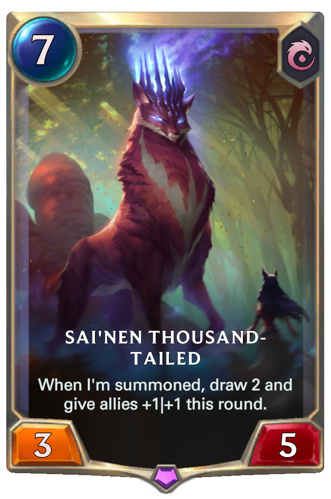 Sai'nen Thousand-Tailed. When I'm summoned, draw 2 and give allies +1|+1 this round.