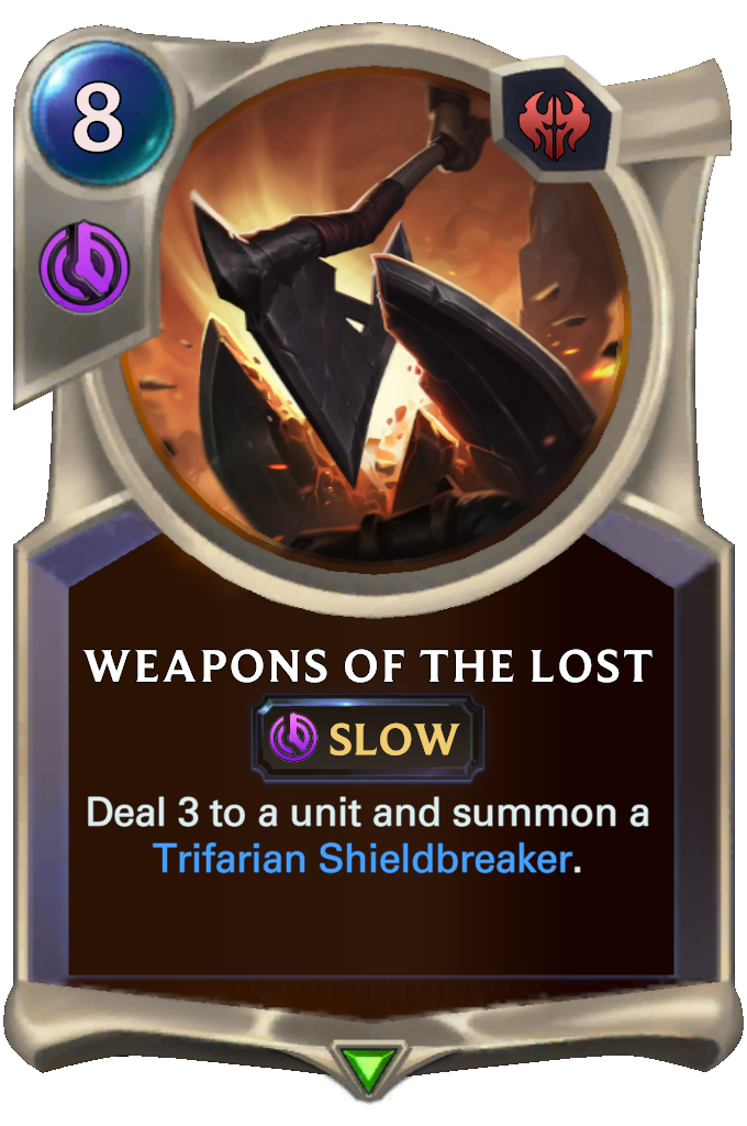 Weapons of the Lost. Deal 3 to a unit and summon a Trifarian Shieldbreaker.