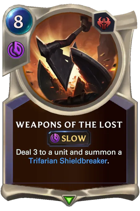 Weapons of the Lost. Deal 3 to a unit and summon a Trifarian Shieldbreaker.