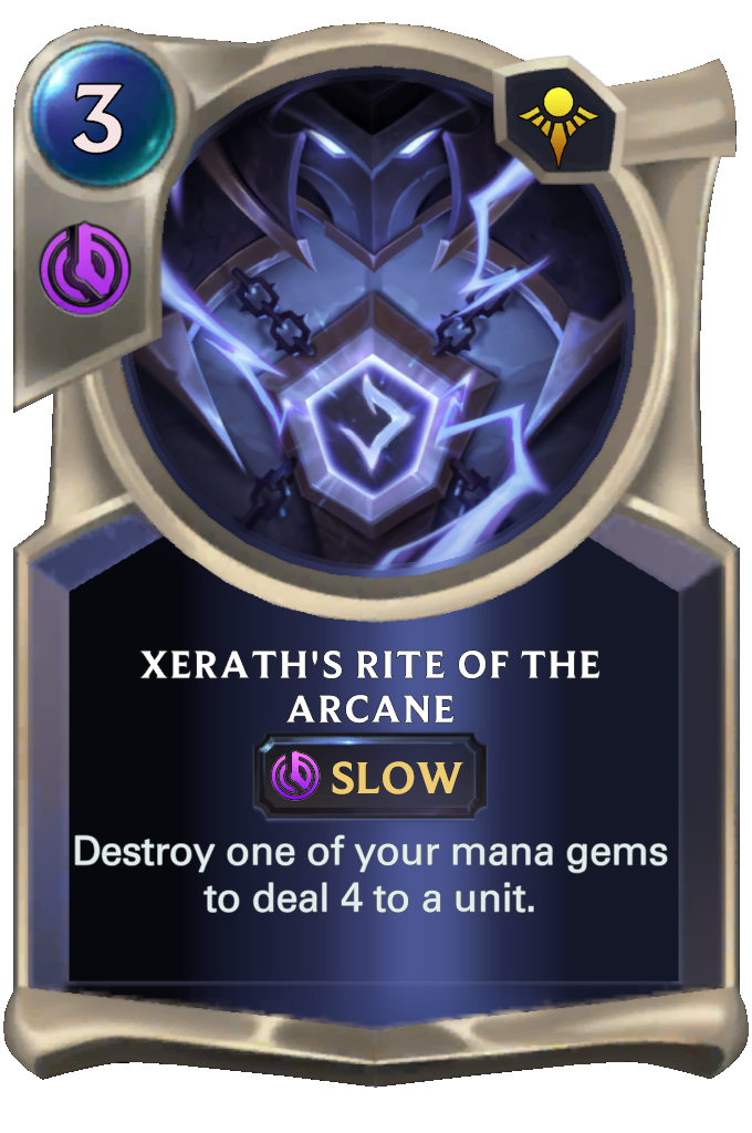 Xerath's Rite of the Arcane. Destroy one of your mana gems to deal 4 to a unit.