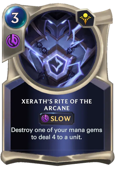 Xerath's Rite of the Arcane. Destroy one of your mana gems to deal 4 to a unit.