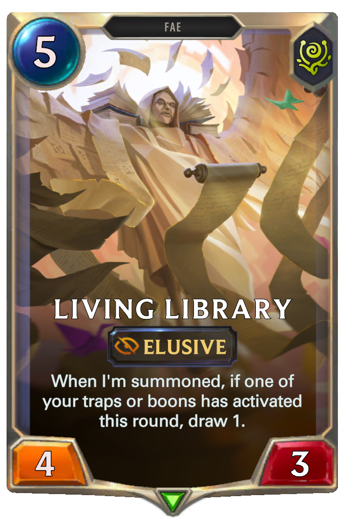 Living Library. When I'm summoned, if one of your traps or boons has activated this round, draw 1.
