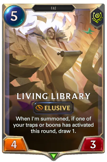 Living Library. When I'm summoned, if one of your traps or boons has activated this round, draw 1.