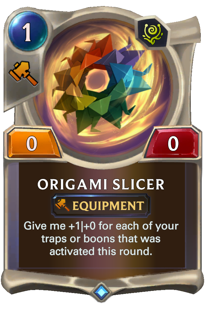 Origami Slicer. Give me +1|+0 for each of your traps or boons that was activated this round.