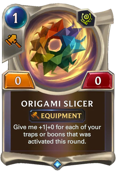 Origami Slicer. Give me +1|+0 for each of your traps or boons that was activated this round.