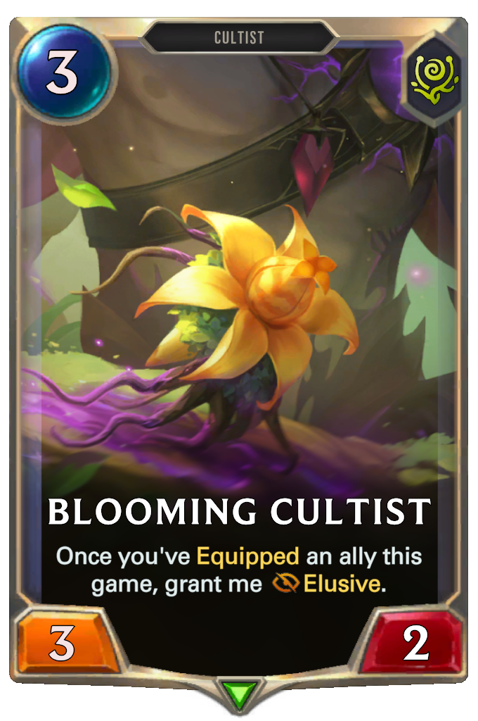 Blooming Cultist. Once you've Equipped an ally this game, grant me Elusive.