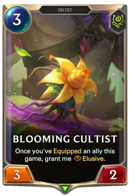 Blooming Cultist. Once you've Equipped an ally this game, grant me Elusive.