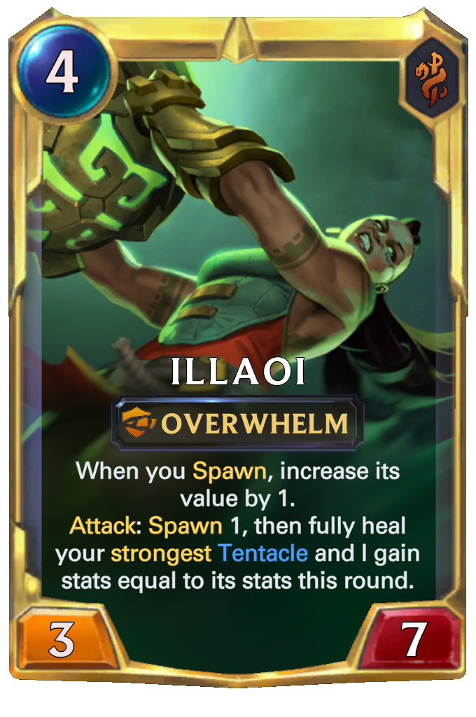 Illaoi. When you Spawn, increase its value by 1. Attack: Spawn 1, then fully heal your strongest Tentacle and I gain stats equal to its stats this round.