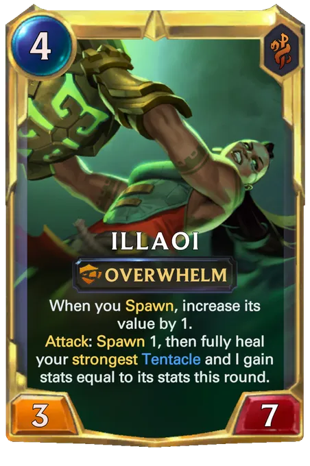 Illaoi. When you Spawn, increase its value by 1. Attack: Spawn 1, then fully heal your strongest Tentacle and I gain stats equal to its stats this round.