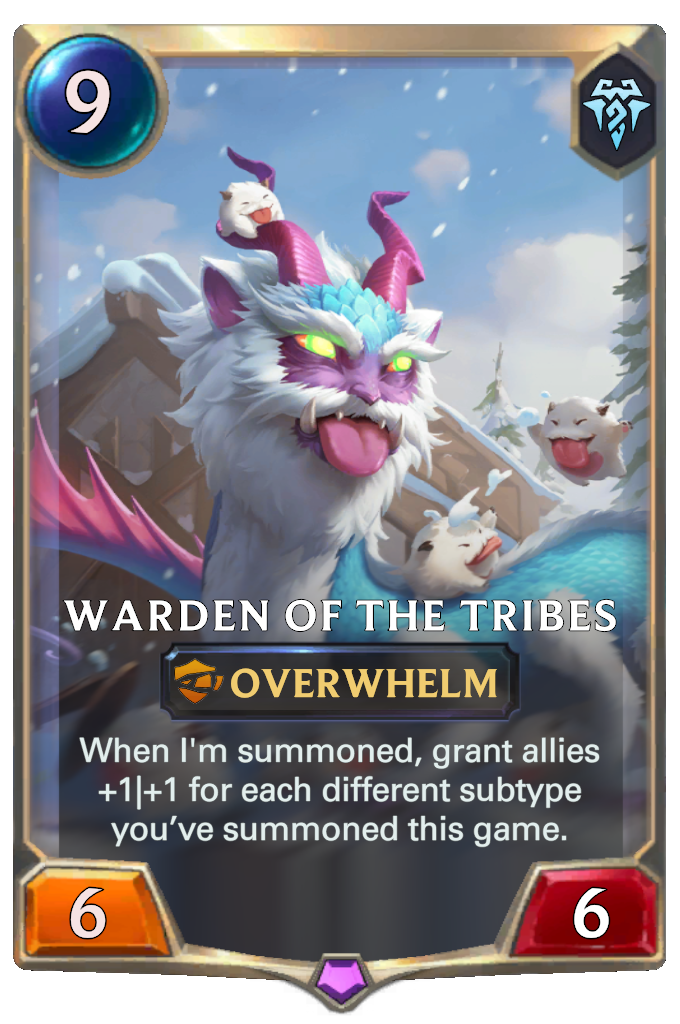 Warden of the Tribes. When I'm summoned, grant allies +1|+1 for each different subtype you’ve summoned this game.