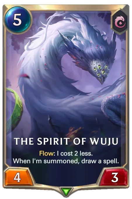 The Spirit of Wuju. Flow: I cost 2 less. When I'm summoned, draw a spell.
