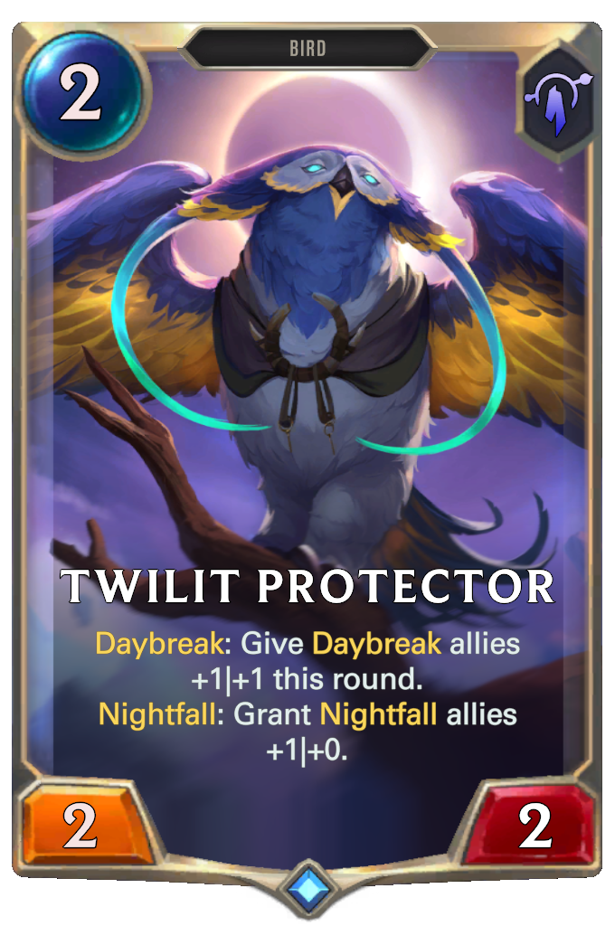 Twilit Protector. Daybreak: Give Daybreak allies +1|+1 this round. Nightfall: Grant Nightfall allies +1|+0.