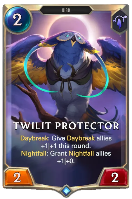 Twilit Protector. Daybreak: Give Daybreak allies +1|+1 this round. Nightfall: Grant Nightfall allies +1|+0.