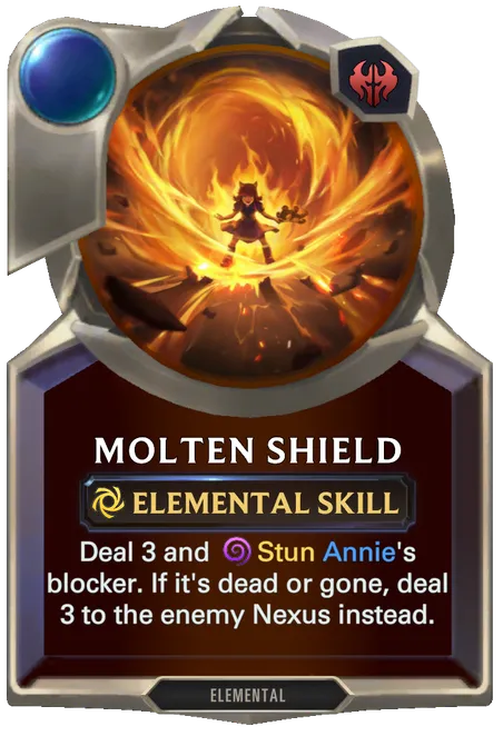 Molten Shield. Deal 3 and Stun Annie's blocker. If it's dead or gone, deal 3 to the enemy Nexus instead.