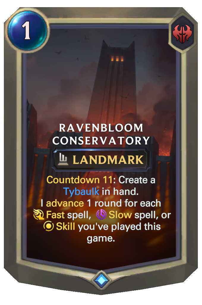 Ravenbloom Conservatory. Countdown 11: Create a Tybaulk in hand. I advance 1 round for each Fast spell, Slow spell, or Skill you've played this game.