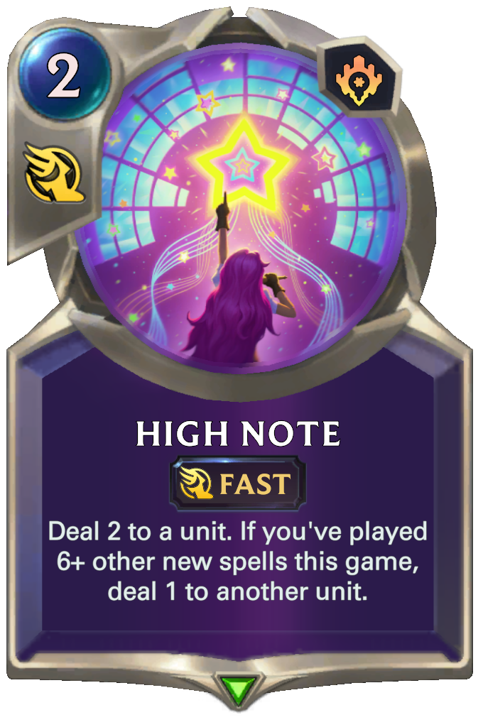 High Note. Deal 2 to a unit. If you've played 6+ other new spells this game, deal 1 to another unit.