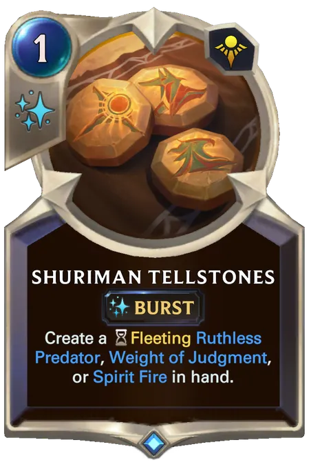 Shuriman Tellstones. Create a Fleeting Ruthless Predator, Weight of Judgment, or Spirit Fire in hand.