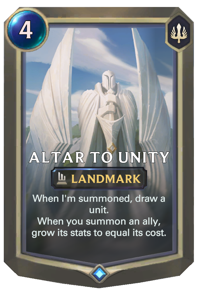 Altar to Unity. When I'm summoned, draw a unit. When you summon an ally, grow its stats to equal its cost.