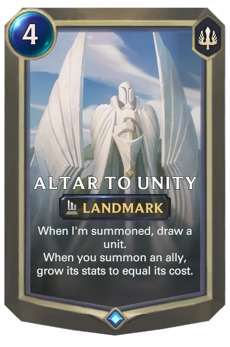 Altar to Unity. When I'm summoned, draw a unit. When you summon an ally, grow its stats to equal its cost.