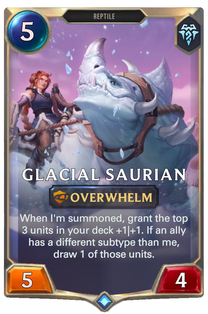 Glacial Saurian. When I'm summoned, grant the top 3 units in your deck +1|+1. If an ally has a different subtype than me, draw 1 of those units.