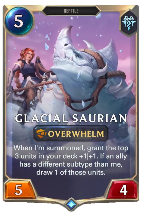 Glacial Saurian. When I'm summoned, grant the top 3 units in your deck +1|+1. If an ally has a different subtype than me, draw 1 of those units.