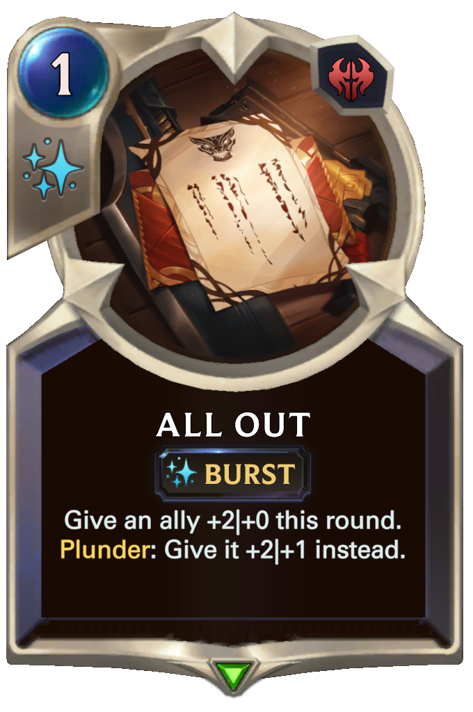 All Out. Give an ally +2|+0 this round. Plunder: Give it +2|+1 instead.