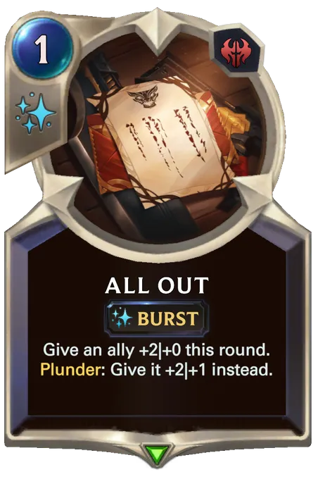 All Out. Give an ally +2|+0 this round. Plunder: Give it +2|+1 instead.