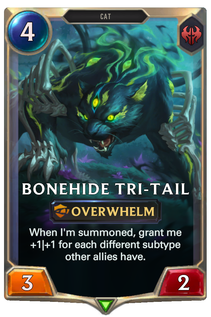 Bonehide Tri-tail. When I'm summoned, grant me +1|+1 for each different subtype other allies have.