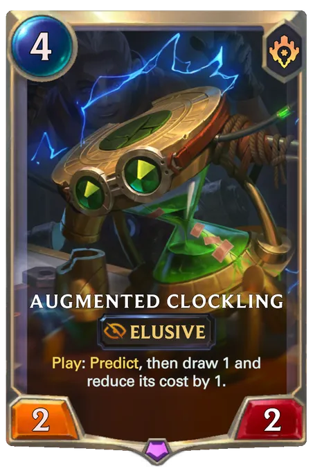 Augmented Clockling. Play: Predict, then draw 1 and reduce its cost by 1.