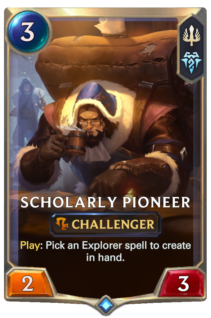 Scholarly Pioneer. Play: Pick an Explorer spell to create in hand.