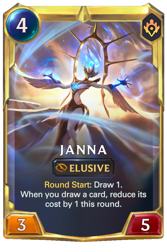 Janna. Round Start: Draw 1. When you draw a card, reduce its cost by 1 this round.