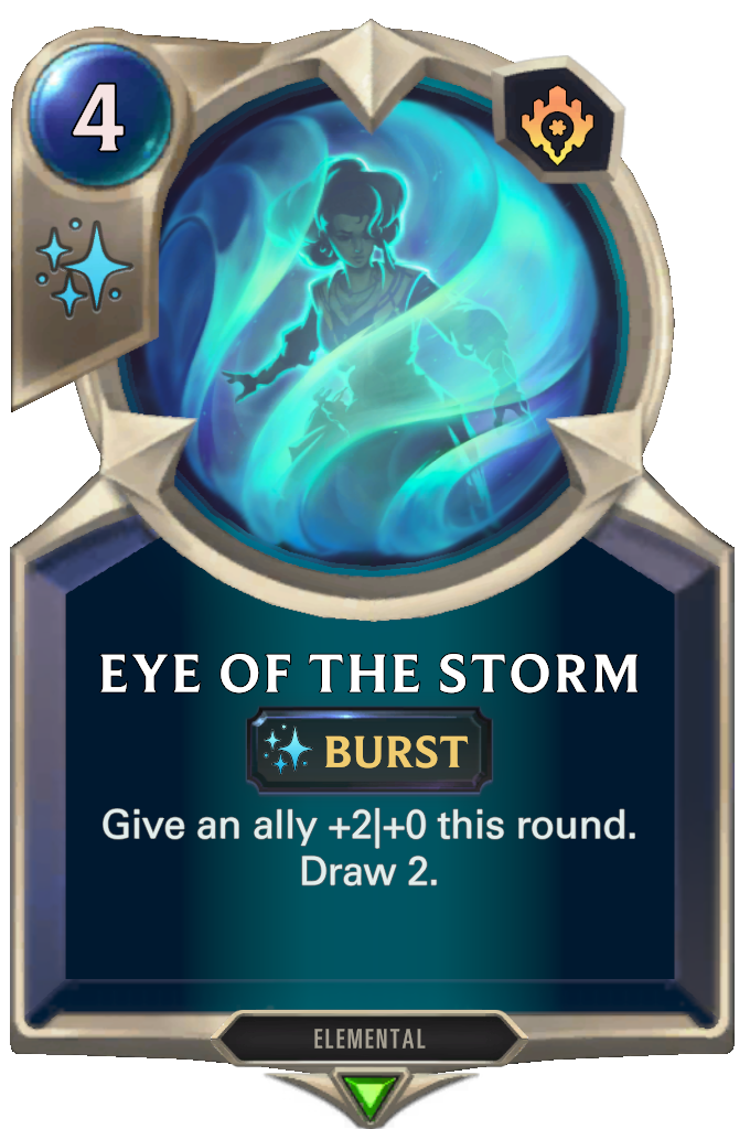 Eye Of The Storm. Give an ally +2|+0 this round. Draw 2.